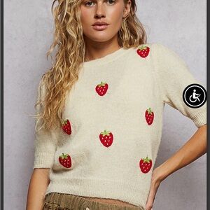 Strawberry Embroidered Cream Sweater